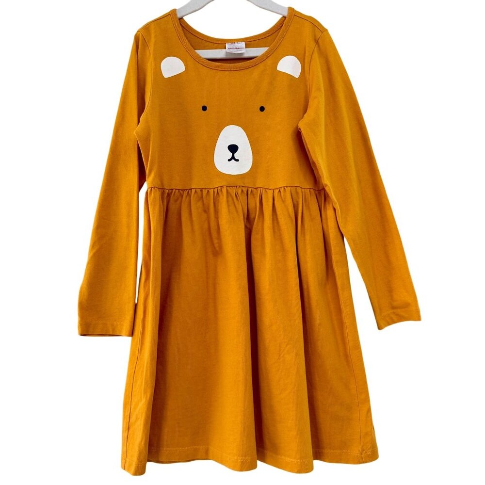 HANNA ANDERSSON Bear Dress Girls 6-7 120cm Mustard Brown Long Sleeve Cotton Girl